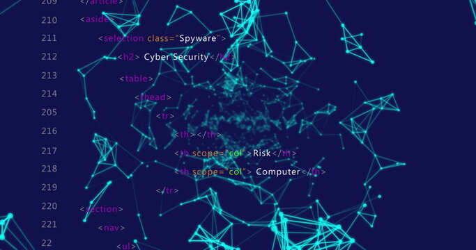 Showing glowing turquoise nodes and polygonal lines with overlaid code snippets in digital mesh