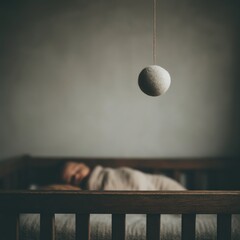 A baby sleeps peacefully in a wooden crib under a minimalist hanging mobile in a softly lit, serene nursery.