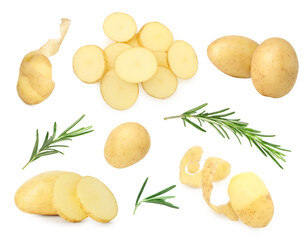 Fresh raw potatoes and rosemary on white background, collage