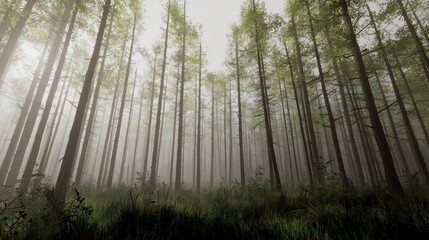 Fototapeta premium Tall, slender trees rise through mist in a dense forest with lush green undergrowth, creating a serene and mysterious natural scene.