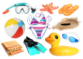 Different stylish beach accessories and starfish on white background, collage