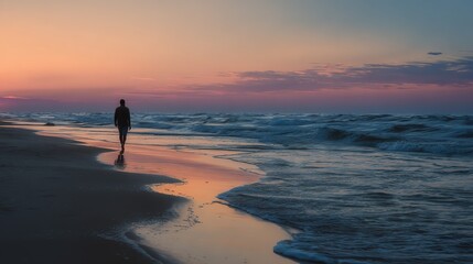 A solitary person walks along a beach at sunset, with waves gently lapping the shore under a colorful sky.