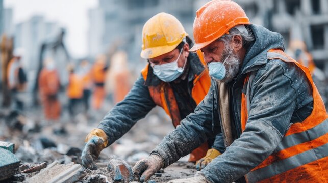 Two diligent workers wearing protective equipment and masks engaged in analyzing debris on a busy construction site illustrating teamwork and the importance of safety in hazardous environments.