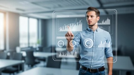 Businessman interacting with a futuristic transparent screen featuring charts and statistics, optimizing processes and analyzing data in a modern office environment - Powered by Adobe
