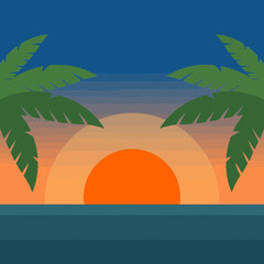 Obraz premium Graphic of sunset over water with palm trees against a blue sky.