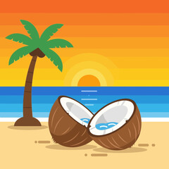 Coconut halves on a beach with a palm tree and sunset illustration.