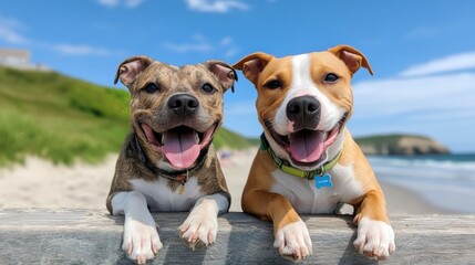 Joyful pit bull mixes frolic together on sunny pebbled beach