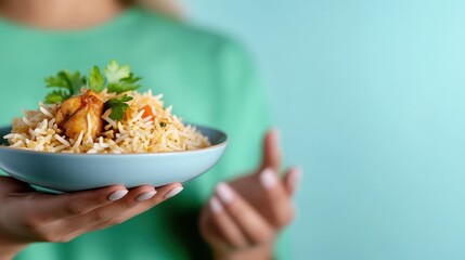 Close-up of a Saudi woman serving chicken biryani in a vibrant setting