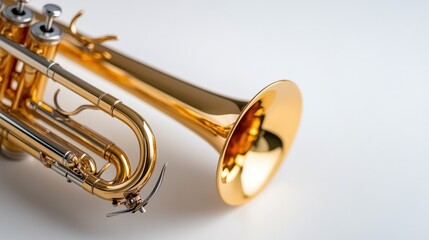 Shiny trumpet gleaming on white background showcases musical elegance