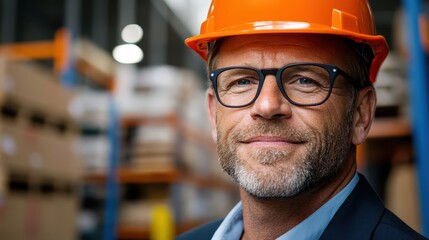 Engineer in hardhat and blazer confidently overseeing warehouse operations