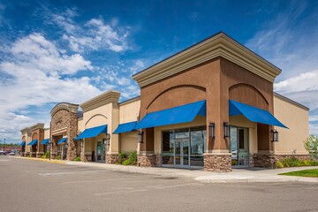 Fototapeta premium A photograph of the exterior of a small to medium-sized commercial shopping center. The building has brown stucco walls, blue awnings, and beige accents. There is green grass in front of the store, 