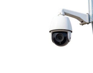 Wide Shot of Security Camera Mounted on Construction Site with Crane and Building Frame, Isolated