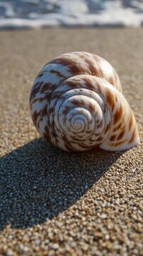 Close-up of a seashell on sandy beach, shot from a low angle. Captures the essence of nature's beauty, ideal for a calming video backdrop.