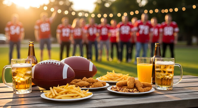 American Football Game Day Celebration with Food, Drinks, and Friends