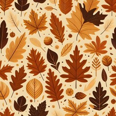 Seamless autumn foliage pattern featuring flat vector oak and maple leaves in rust, gold, and pumpkin tones