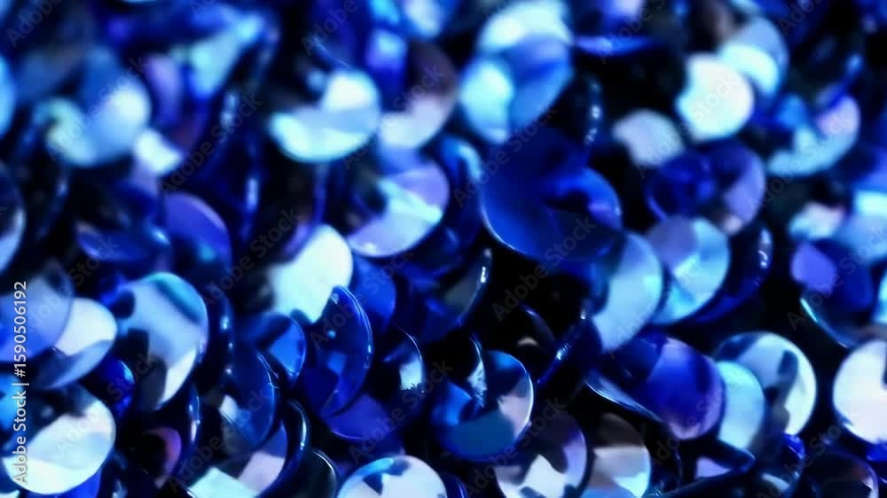 Poster vibrant blue sequins reflect light in dynamic motion across a colorful surface