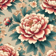 Vintage floral artwork with classic Japanese peonies and soft rich hues in a seamless textile-inspired botanical pattern