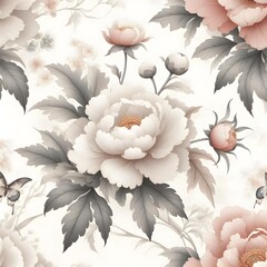 A seamless repeat pattern of elegant peony floral motifs rendered in soft watercolor with vintage Japanese aesthetic tones