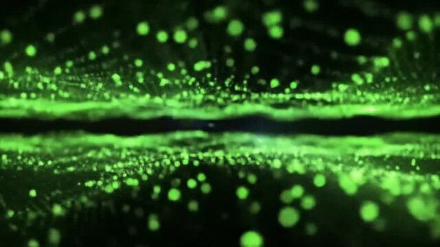 Computer-generated animation of vivid green light particles radiating from the center outward on a black background. Energetic and futuristic, perfect for sci-fi intros, tech visuals, or digital motio