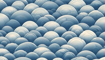 Minimal Japanese seigaiha wave design forming a timeless seamless vector pattern in soft blue and white tones