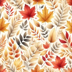 Scattered watercolor autumn leaves form a warm and elegant seamless pattern with natural seasonal tones and cozy feeling