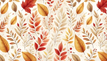 Watercolor-painted fall foliage with gentle tones repeats across a seamless seasonal background with elegant natural flair