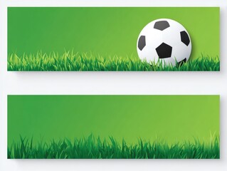 Two green banners feature a soccer ball partially nestled in realistic grass at the bottom.  The top banner shows more of the ball.  Both have a gradient green background