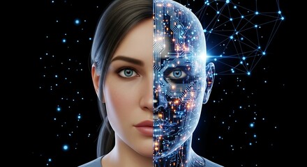 A woman's face split between human and circuit board design on black background