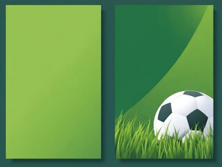 Two vertical green designs; one blank, the other features a realistic soccer ball nestled in vibrant green grass against a gradient background