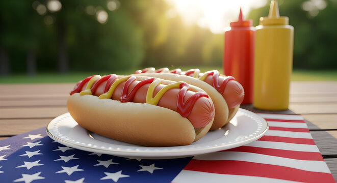 Classic Hot Dogs on American Flag Placemat with Condiments for Patriotic Celebration - Powered by Adobe