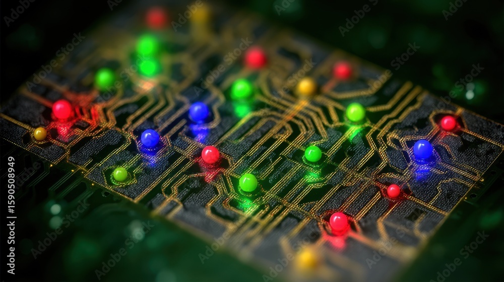 Poster colorful droplets merge on a microfluidic chip, simulating single cell interactions in a controlled 