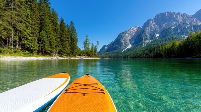 Paddleboarding in the serene waters of Pragser Wildsee on a sunny day