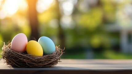 Obraz premium Celebrate spring beauty with colorful eggs in a cozy nest under sunlight