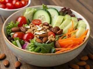 a bowl of salad with vegetables and nuts