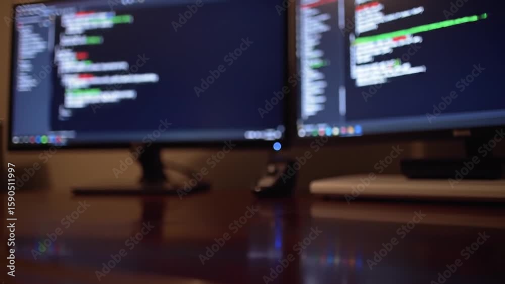 Poster blurred dual computer monitors displaying code on dark wooden desk in office with technology and dev