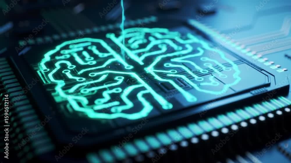 Poster circuit board with glowing turquoise brain symbolizing artificial intelligence technology neural net