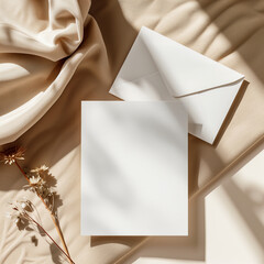 Natural lighting setup for wedding card mockup displayed on table, ideal for promoting elegant wedding design products