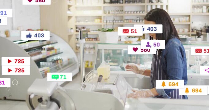 Deli worker slicing meat starting record weighing slices while icons appearing showing engagement