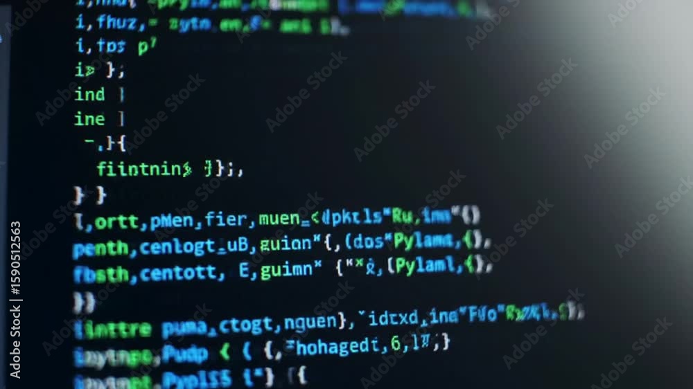 Poster close up of green and white source code on a dark background with a glowing light effect digital com