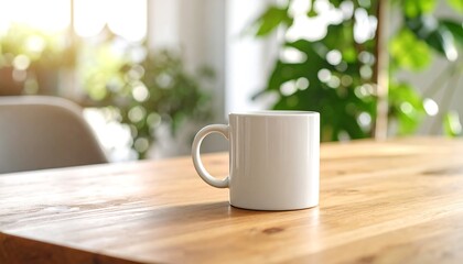 Fototapeta premium White mug on wooden table in a bright room