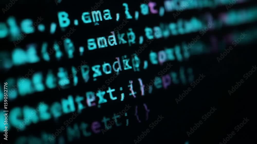Poster close up of turquoise code lines on black screen with blurred text and macro view