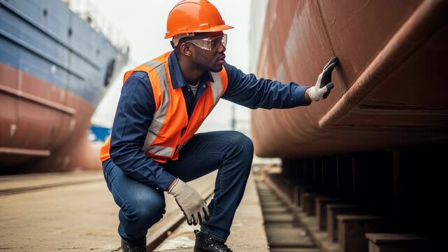 African american shipyard worker wearing safety vest, hardhat, and gloves, crouching and inspecting the hull of a large cargo ship undergoing maintenance in a dry dock