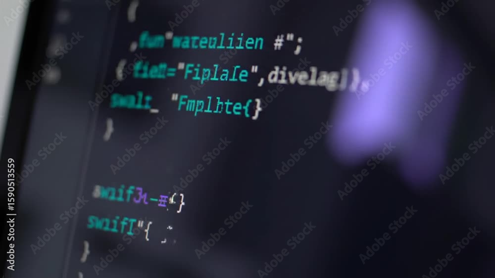 Poster computer code displayed on dark screen with blue and white text for software development