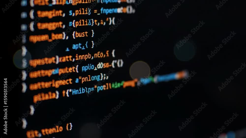 Poster computer coding script with orange white and blue text on dark background