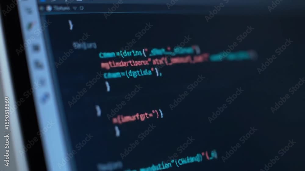 Poster computer screen displaying brightly colored code close up on a dark background for software and tech