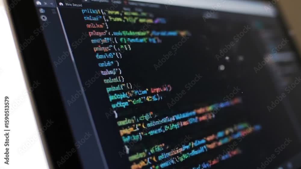 Poster computer screen displaying colorful code with black background for programming and software developm