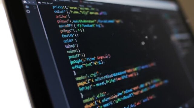 Computer Screen Displaying Colorful Code with Black Background for Programming and Software Development