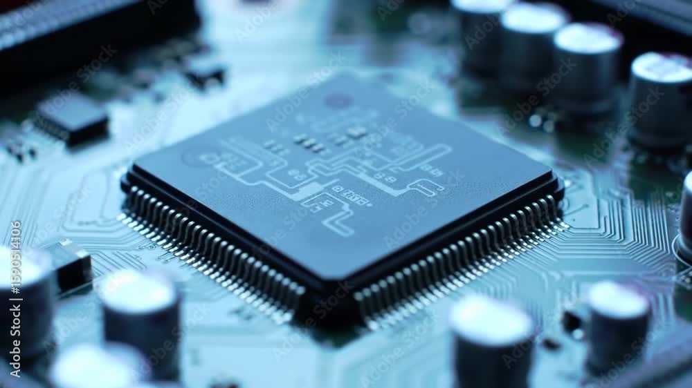Poster detailed computer processor chip close up in cool blue tones for tech and electronics concepts with 