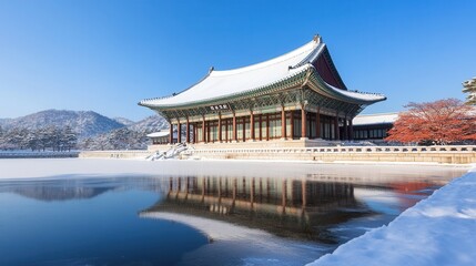 Fototapeta premium A serene winter scene showcases a traditional building reflecting in a still lake, surrounded by snow-covered mountains and a vibrant tree, Ideal for travel, architecture, and nature themes,