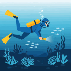 Diver with flashlight underwater exploring coral reef and fish in blue ocean.